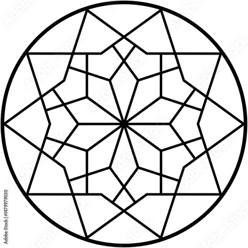 Geometric medallion pattern featuring symmetrical shapes and radiating lines within circular frame.
