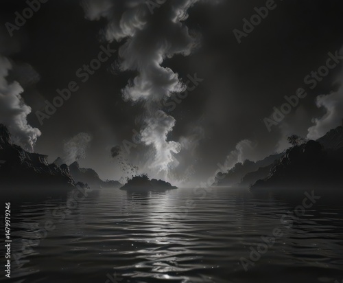 Subtle steam rises above dark, softly focused water; black tones dominate ,  dark,  monochrome