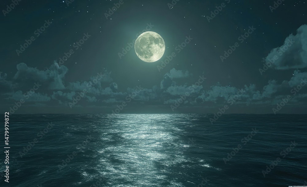 Naklejka premium Full moon over a calm ocean at night, with a starry sky. Soft, gentle light reflects on the water's surface. Clouds drift across the sky