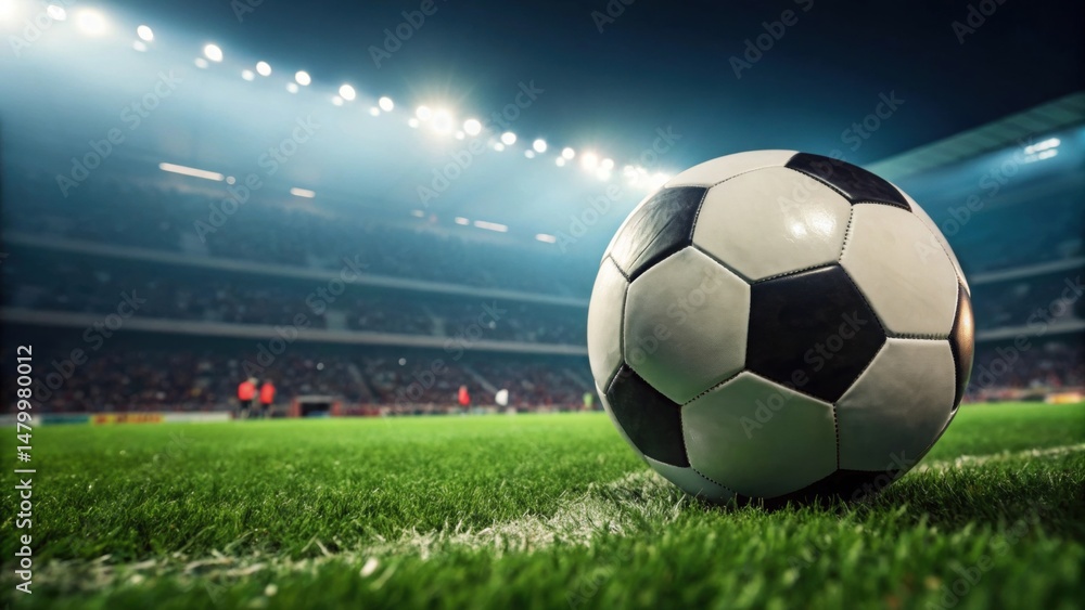Naklejka premium Close-up of a soccer ball on the field during a night match with stadium lights illuminating the scene.