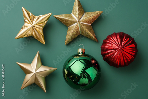 Festive gold stars green bauble and red ornament on green background