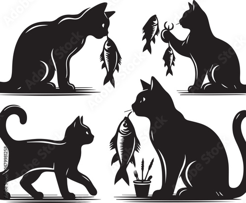 A black cat holding fish on a fishing line, a whimsical illustration. A stylized, black and white illustration of a cat holding two fish caught on a fishing line.