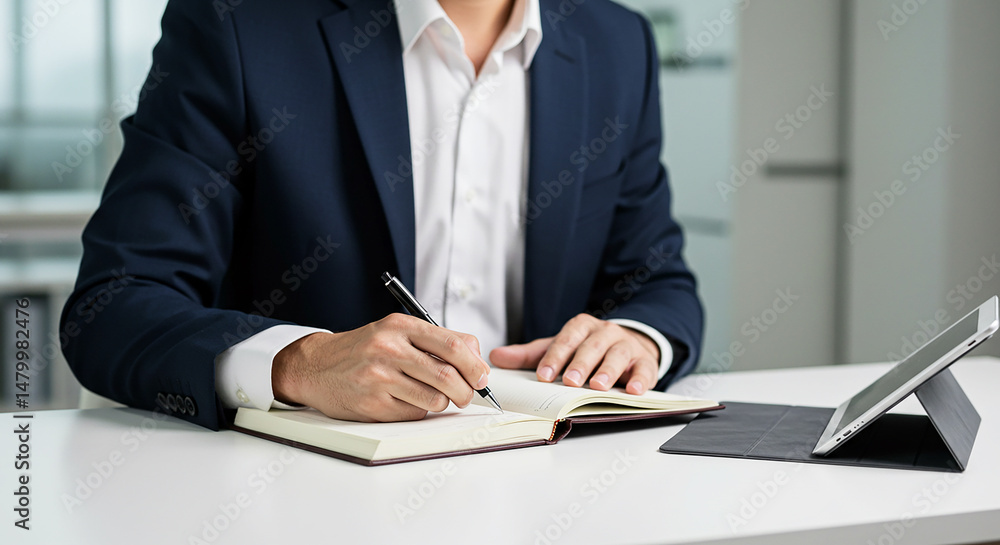 Professional businessman writing in notebook at office with tablet device Professional businessman writing in notebook at office with tablet device