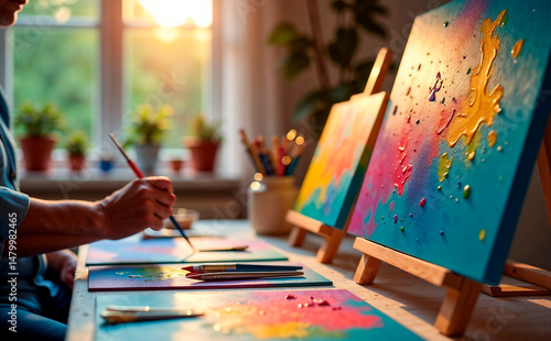 Beautifully lit art therapy studio with colorful canvases and brushes, emphasizing creativity in Alzheimer’s care
