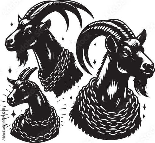 Stylish Goats with Money, a Graphic Design. A set of four stylized goats, depicted in a graphic, black and white style.