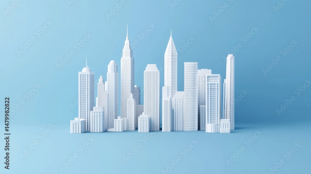 Obraz premium Minimalist white cityscape model against a light blue background