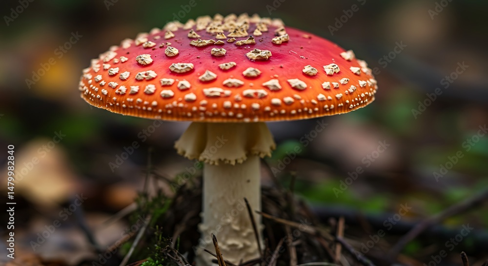 Fototapeta premium Two bright red and white spotted mushrooms sit in foliage 