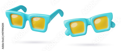 Blue plastic sunglasses with yellow lenses 3d realistic illustrations set. Three dimensional summer fashion eyeglasses icons.