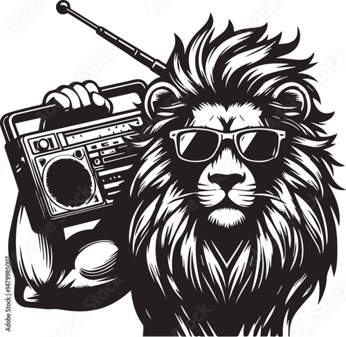 A Lion with Sunglasses Holding a Retro Boombox. A stylized graphic illustration of a lion wearing sunglasses and holding a vintage boombox.