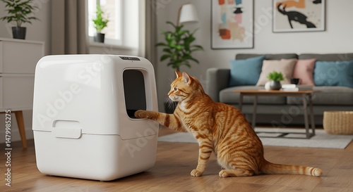 An inquisitive orange tabby cat reaches out to explore a modern, white self-cleaning litter box, showcasing pet care technology in a comfortable home environment.