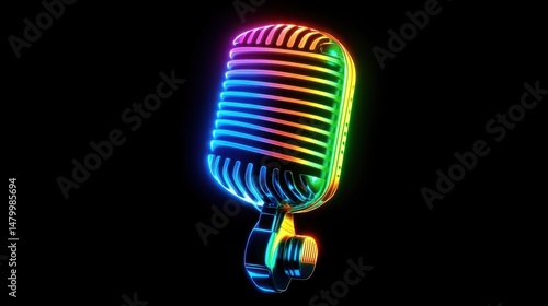 Rainbow-hued vintage microphone, glowing against a black background