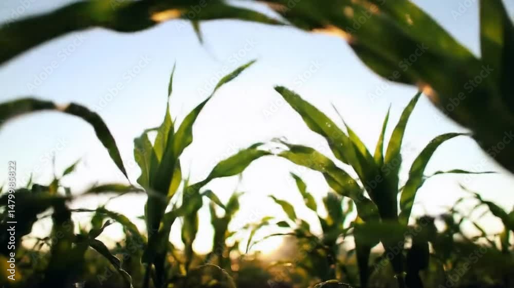 Dolly shot of young corn plants growing in the field at sunrise Dolly shot of young corn plants growing in the field at sunrise