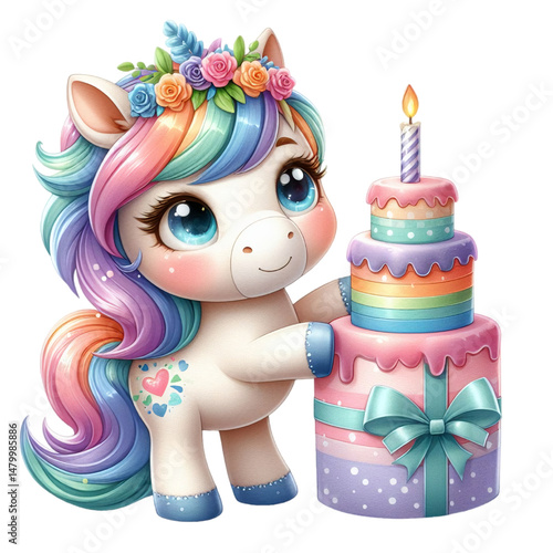 A funny cartoon baby hours toy holds a gift box for a happy birthday celebration