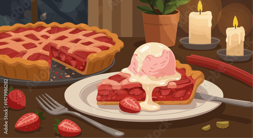 Strawberry pie slice with ice cream on plate in cozy candlelit setting  