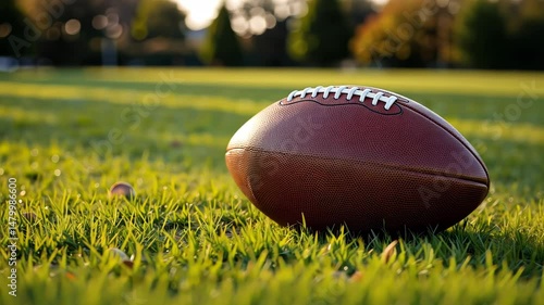 American football resting on grass field during sunset  
