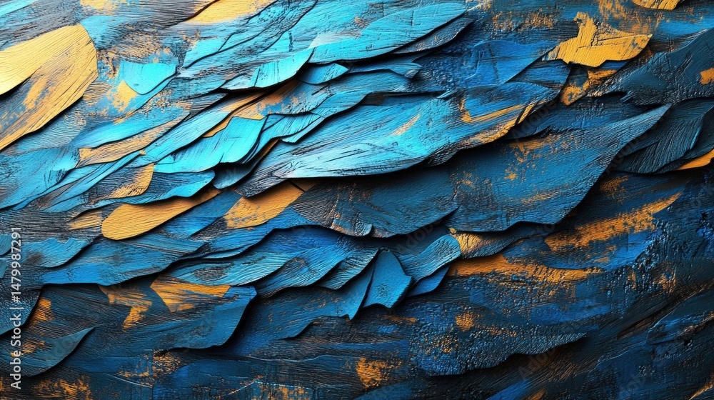 Fototapeta premium Abstract blue and gold textured artwork. Layered, dynamic, and visually rich