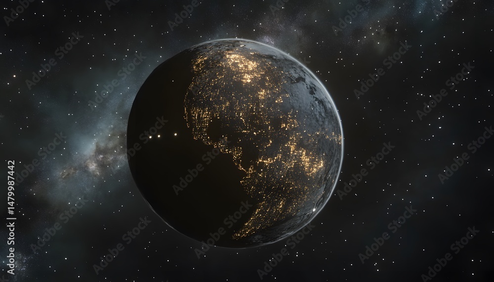 Obraz premium Celestial view of a planet with visible city lights.
