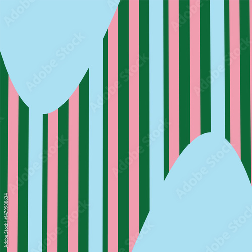 simple abstract green and pink colour arc wave line pattern with light blue background.