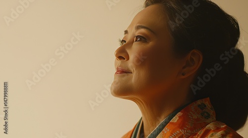 Smiling woman profile portrait lit by warm light