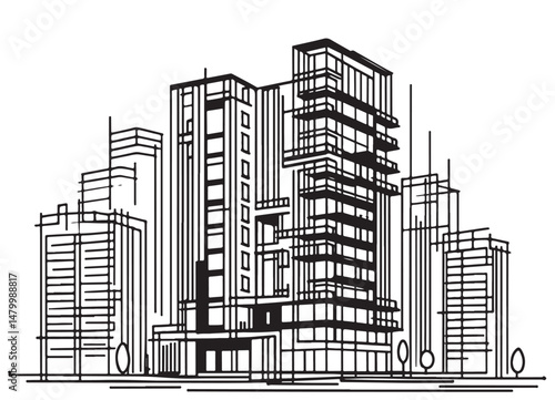 High rise building sketch. Line art, abstract