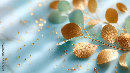 Golden leaves arranged artistically on a soft blue background with scattered glitter, creating a serene and elegant atmosphere for design inspiration. Selective focus