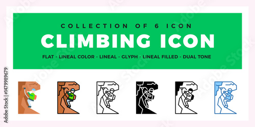 Climbing Icon Set. Flat. Lineal. Glyph. and More