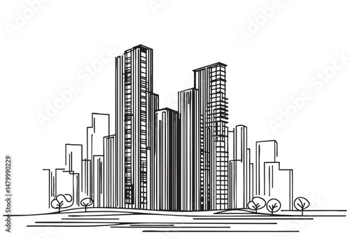 High rise building sketch. Line art, abstract