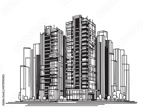 High rise building sketch. Line art, abstract. Residential complex