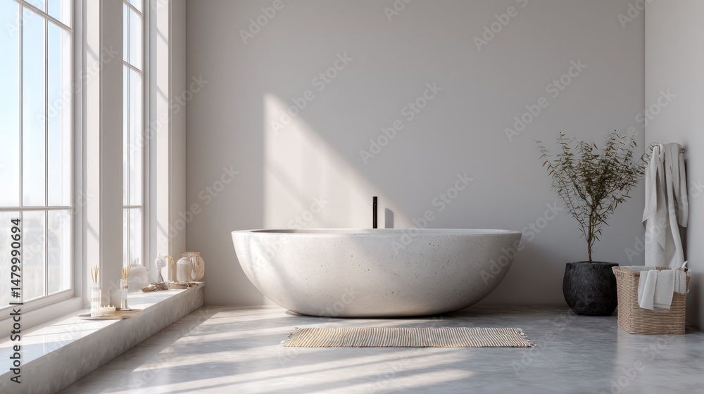 Fototapeta premium Serene Minimalist Bathroom Design: Modern Freestanding Tub, Natural Light, and Tranquil Decor