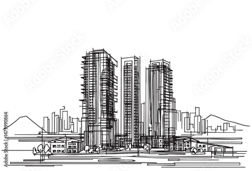 High rise building sketch. Line art, abstract. Residential complex