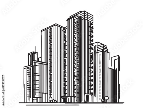 High rise building sketch. Line art, abstract