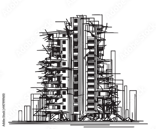 Building destroyed by the Earthquake or war the city, until the building seemed to collapse, sketch