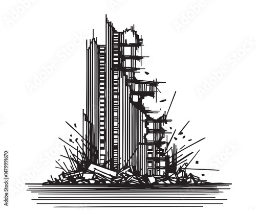 Building destroyed by the Earthquake or war the city, until the building seemed to collapse, sketch