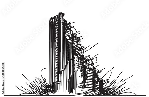 Building destroyed by the Earthquake or war the city, until the building seemed to collapse, sketch