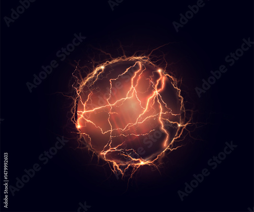 Bright vector electric sphere with intense red lightning on dark background. Glowing plasma ball for sci-fi interfaces, energy fields and game interfaces