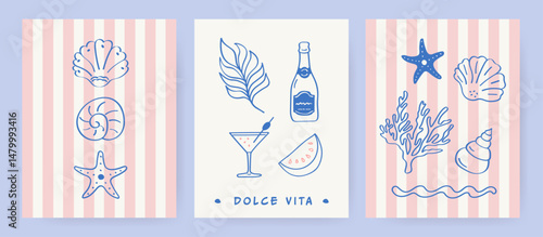 Minimalist vector summer card set featuring a coastal design with blue seashells, starfish, waves, coral, palm leaves, a cocktail, a champagne bottle, a watermelon slice, and the text "Dolce Vita."