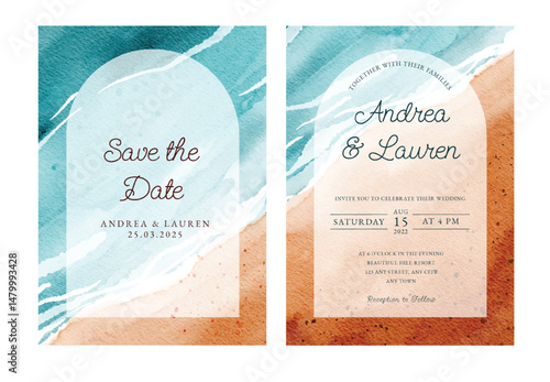 Beach watercolor hand drawn illustration wedding invitation template