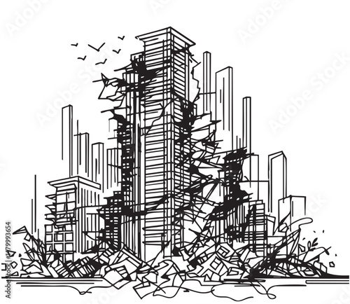 Building destroyed by the Earthquake or war the city, until the building seemed to collapse, sketch