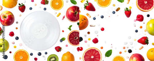 Vit Records, white background with scattered fruits and pills, animation style