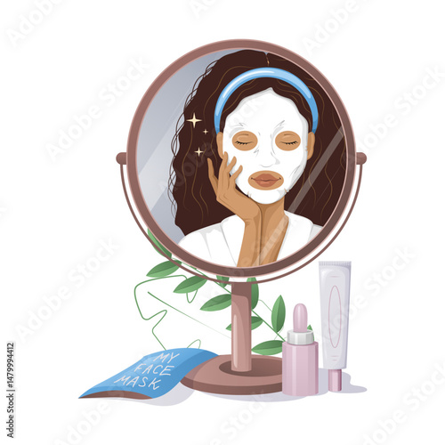 Latin American woman applying facial sheet mask looking in the mirror