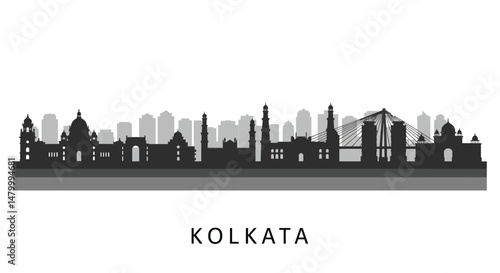 Kolkata Skyline with India Cityscape Silhouette.
