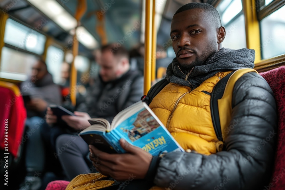 Fototapeta premium Man Reads Guidebook on Bus During Commute, Surrounded by Passengers