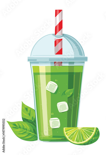 Iced Green Smoothie in Plastic Cup with Straw - Vector Illustration