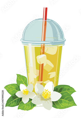 Jasmine Tea and Straw in Plastic Cup - Vector Illustration