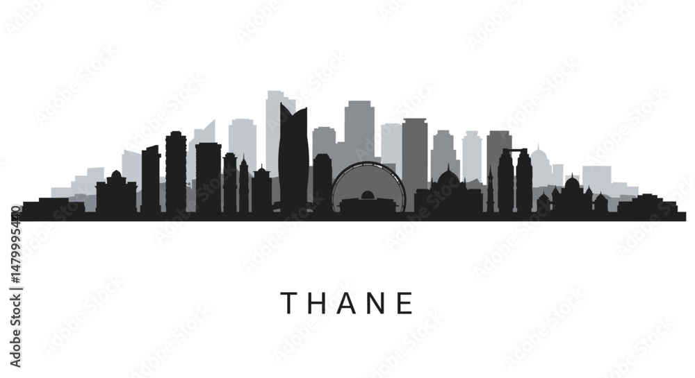 Thane Skyline with India Black and white silhouette. Thane Skyline with India Black and white silhouette.