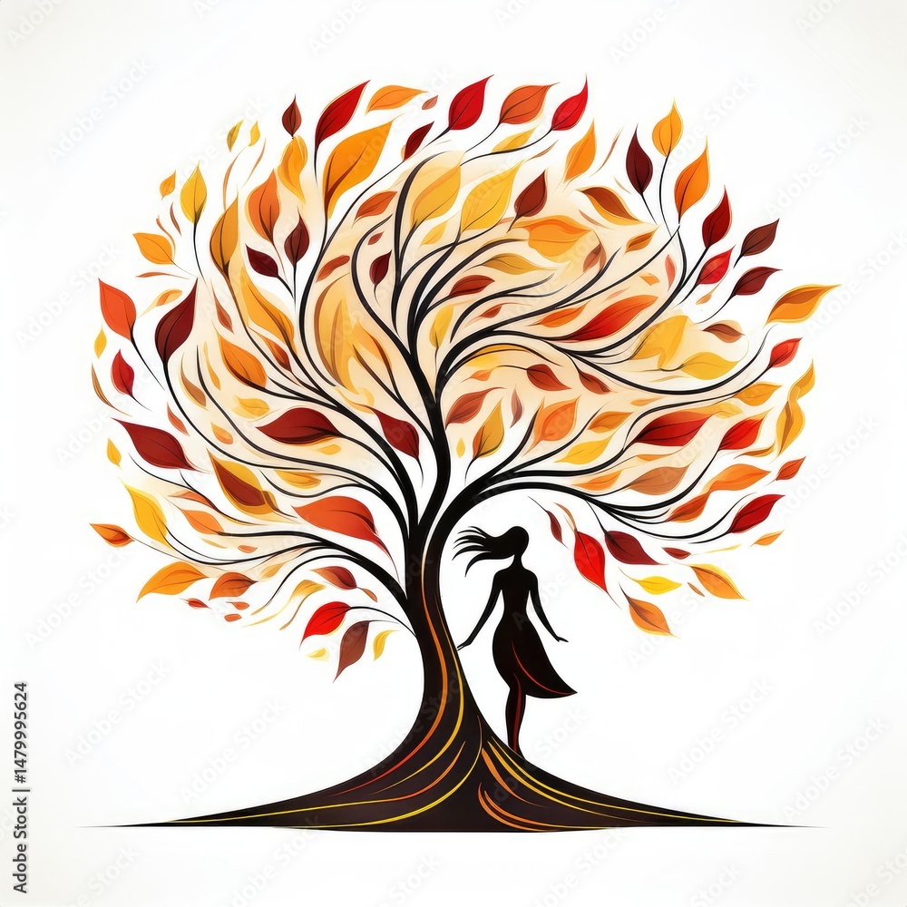 Woman standing by vibrant autumn tree with colorful leaves in a serene setting Woman standing by vibrant autumn tree with colorful leaves in a serene setting