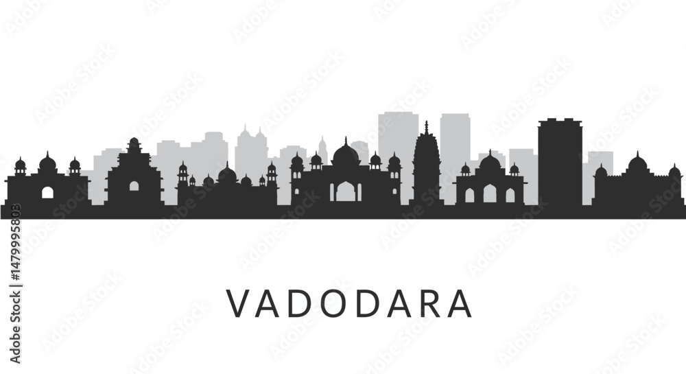 Naklejka premium Vadodara India Skyline Silhouette Black White.