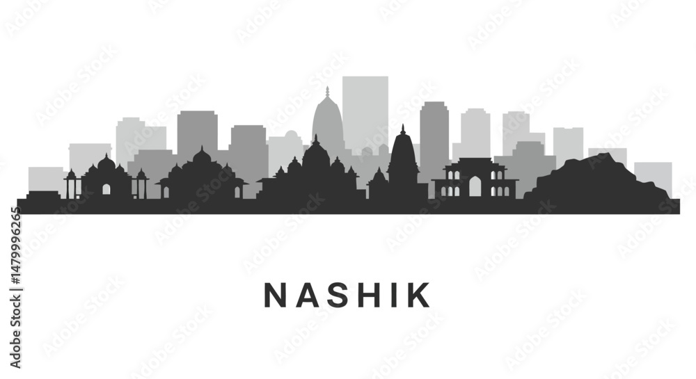 Naklejka premium Nashik with India City Skyline Silhouette, and Landmark.