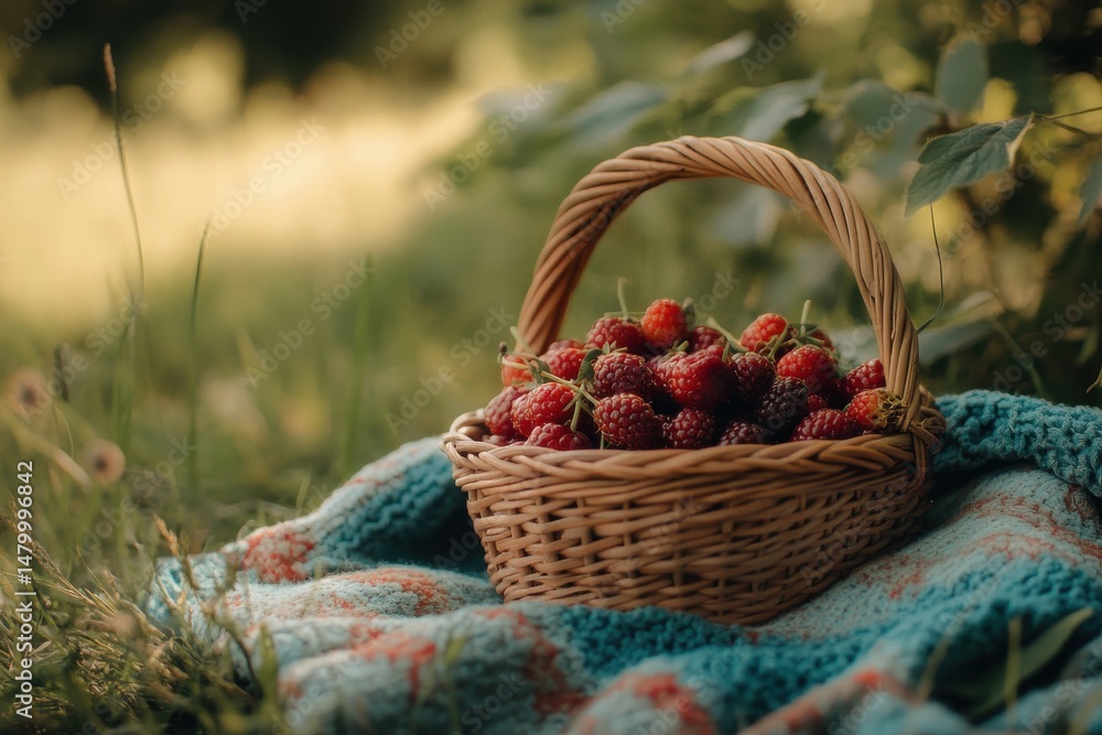Basket brimming with fresh raspberries nestled on a knitted blanket in a lush garden setting Basket brimming with fresh raspberries nestled on a knitted blanket in a lush garden setting
