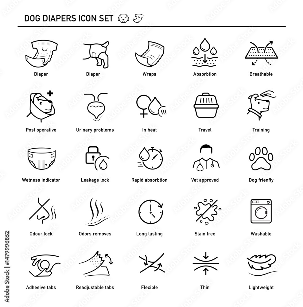 Fototapeta premium Dog diapers icon set.The outline icons are well scalable and editable. Vector elements are good for different backgrounds. Ready for dogs diapers design, its key components and benefits. EPS10.